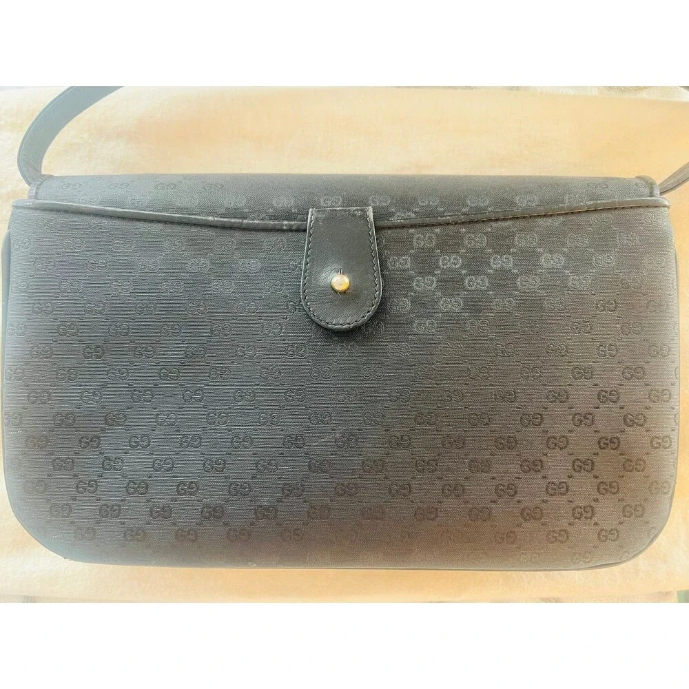 Vintage Gucci Black Monogram Canvas & Leather Shoulder Bag - Picture 2 of 11